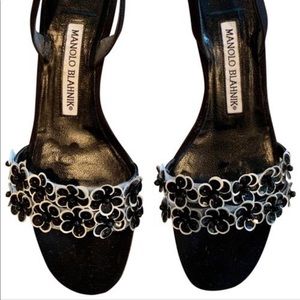 Manolo Blahnik black & white leather slingback sandals size 38.5 US 7.5-8.